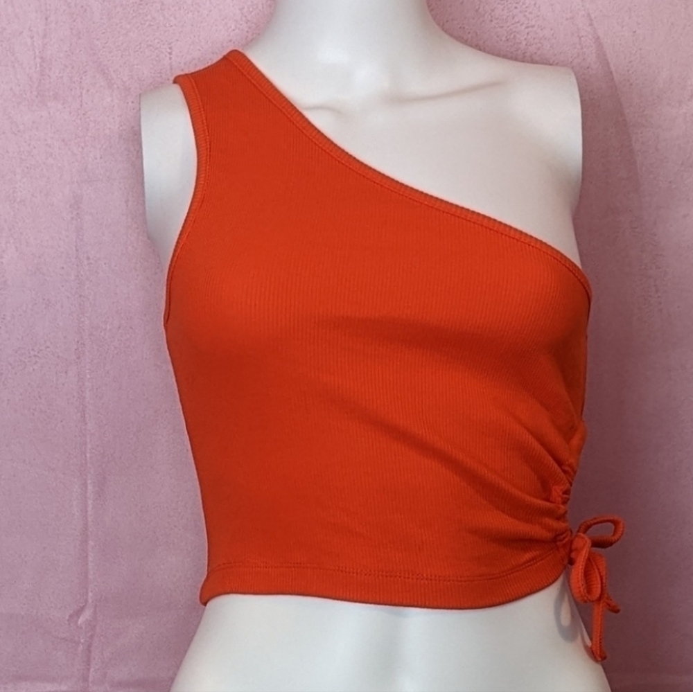 ASOS Orange One Shoulder Ribbed Asymmetric Tie Side Crop Top size 6